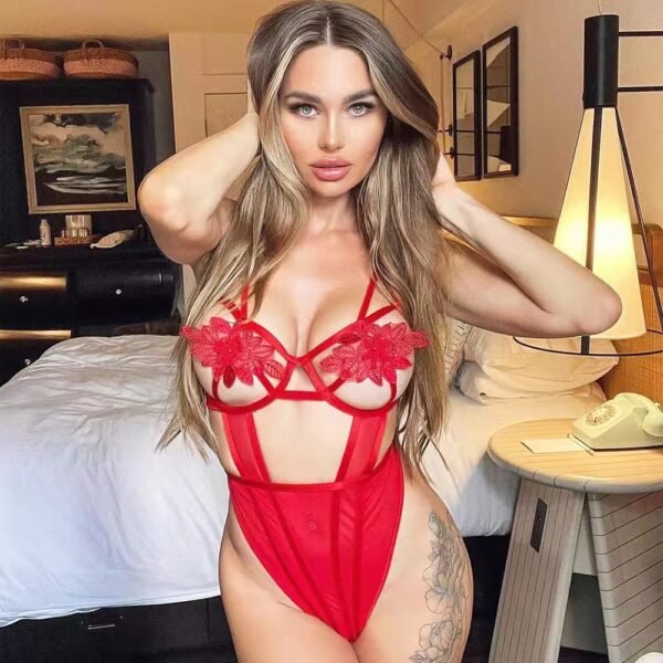 Floral Lace Open-Cup Bodysuit | Sexy Sheer Lingerie with Spaghetti Straps