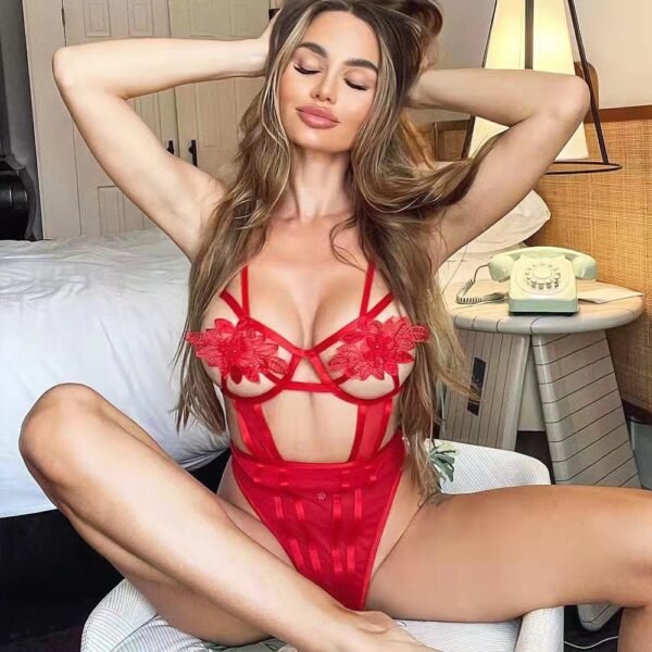 Floral Lace Open-Cup Bodysuit | Sexy Sheer Lingerie with Spaghetti Straps - Image 4