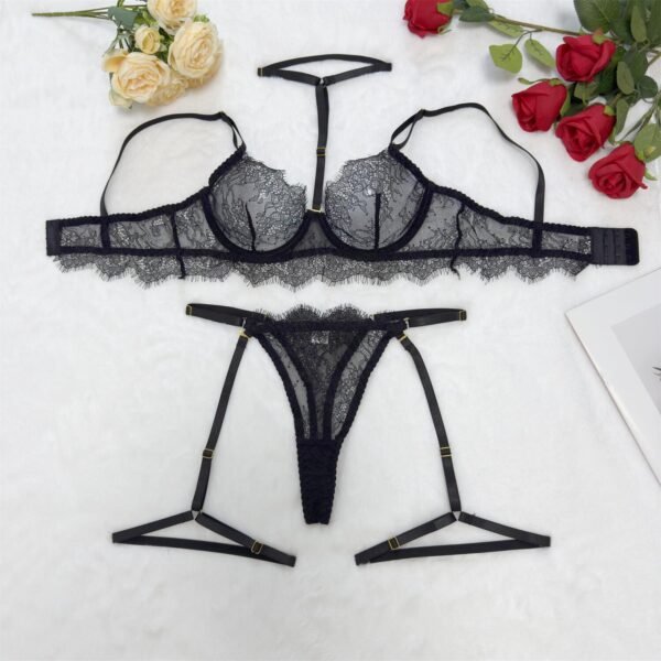 Black Lace Sheer Three-Piece Lingerie Set | Halter Strap Cut-Out Bikini - Image 4