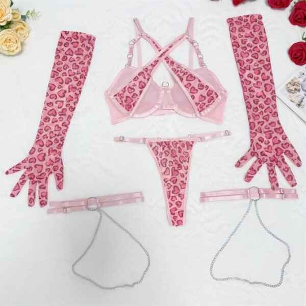 Pink Leopard Print Lingerie Set | Metal Chain Sexy Roleplay Outfit - Image 5