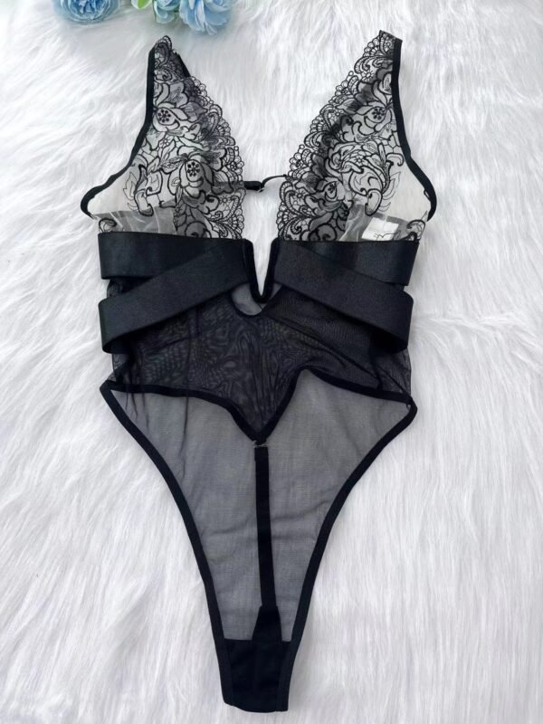 Sheer Embroidered Lace Bodysuit | Low-Cut Backless Lingerie - Image 2